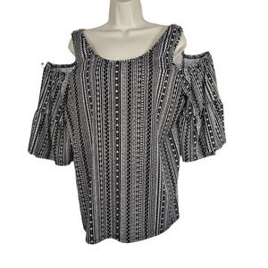 Robert Louis Black White Cold Shoulder Top Women Size L Short Sleeve Casual Work
